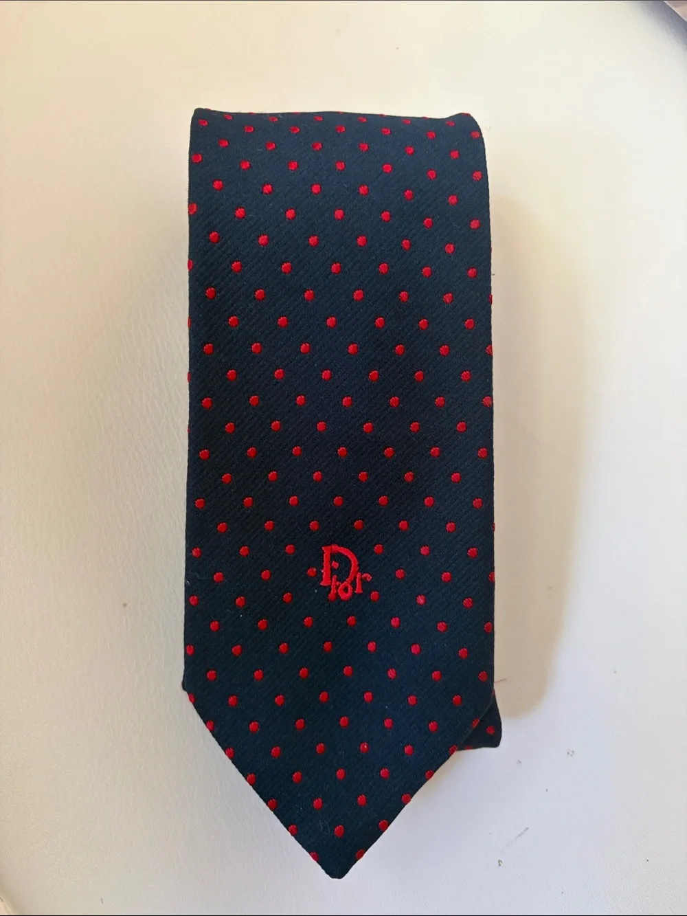 Dior Navy Tie with Red Polka Dot Pattern